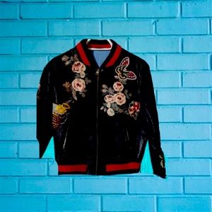 Leather floral bomber jacket